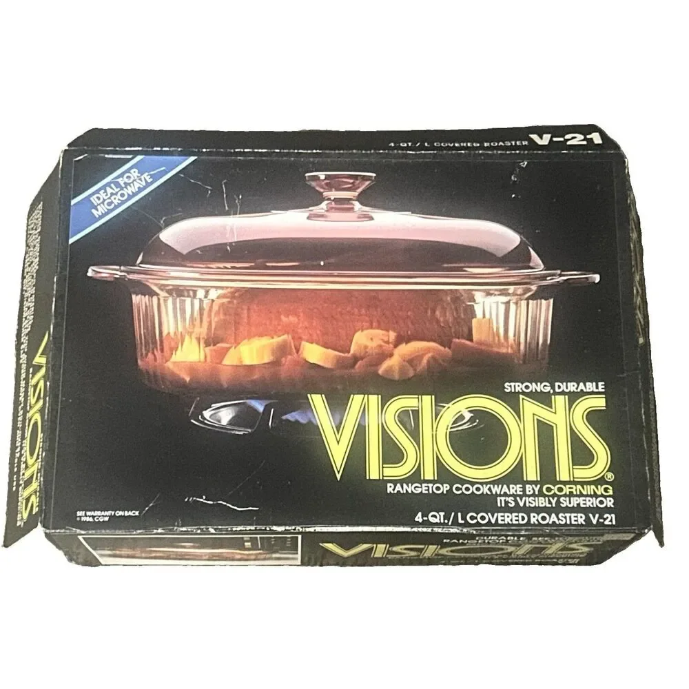 Vision Corning V-21 Range Top Cookware 4 Qt Covered Roaster Amber Glass Dish Lid
